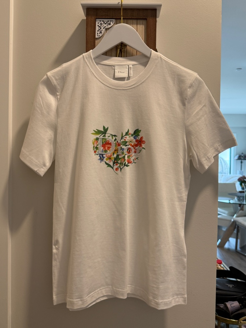 Dior White Tee with Multicolor Botanical Heart Motif
